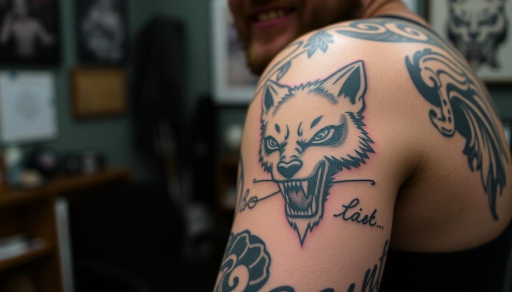 Färdig tatuering från Wolf Street Tattoos med nöjd kund Färdig tatuering från Wolf Street Tattoos med nöjd kund