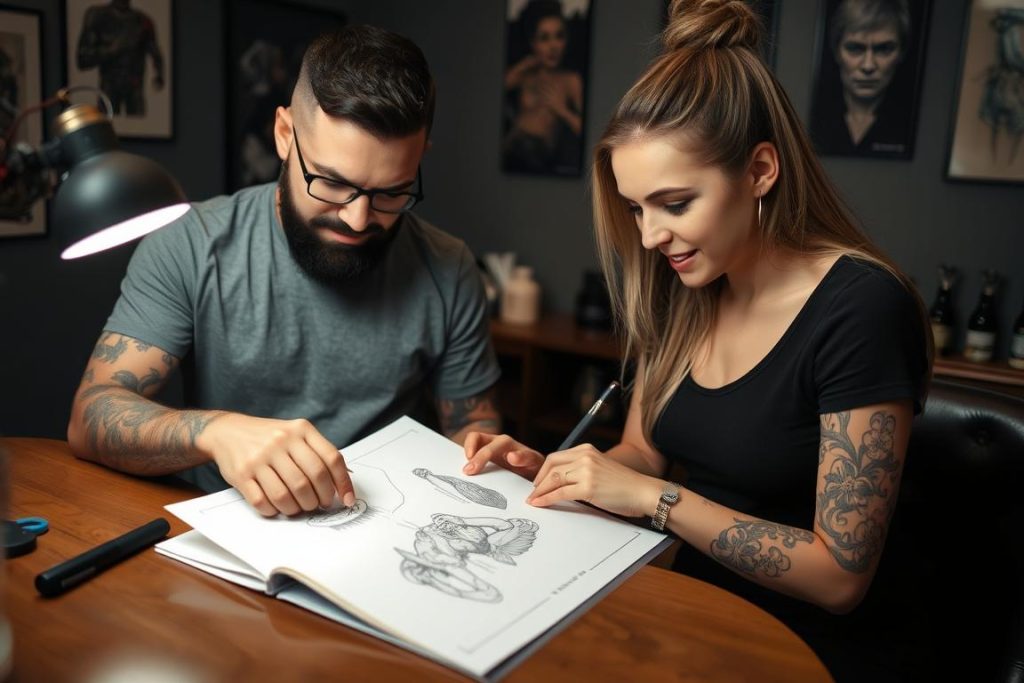 Konsultation för Din Trygga Start för Tatueringar med tatuerare och kund Konsultation för Din Trygga Start för Tatueringar med tatuerare och kund