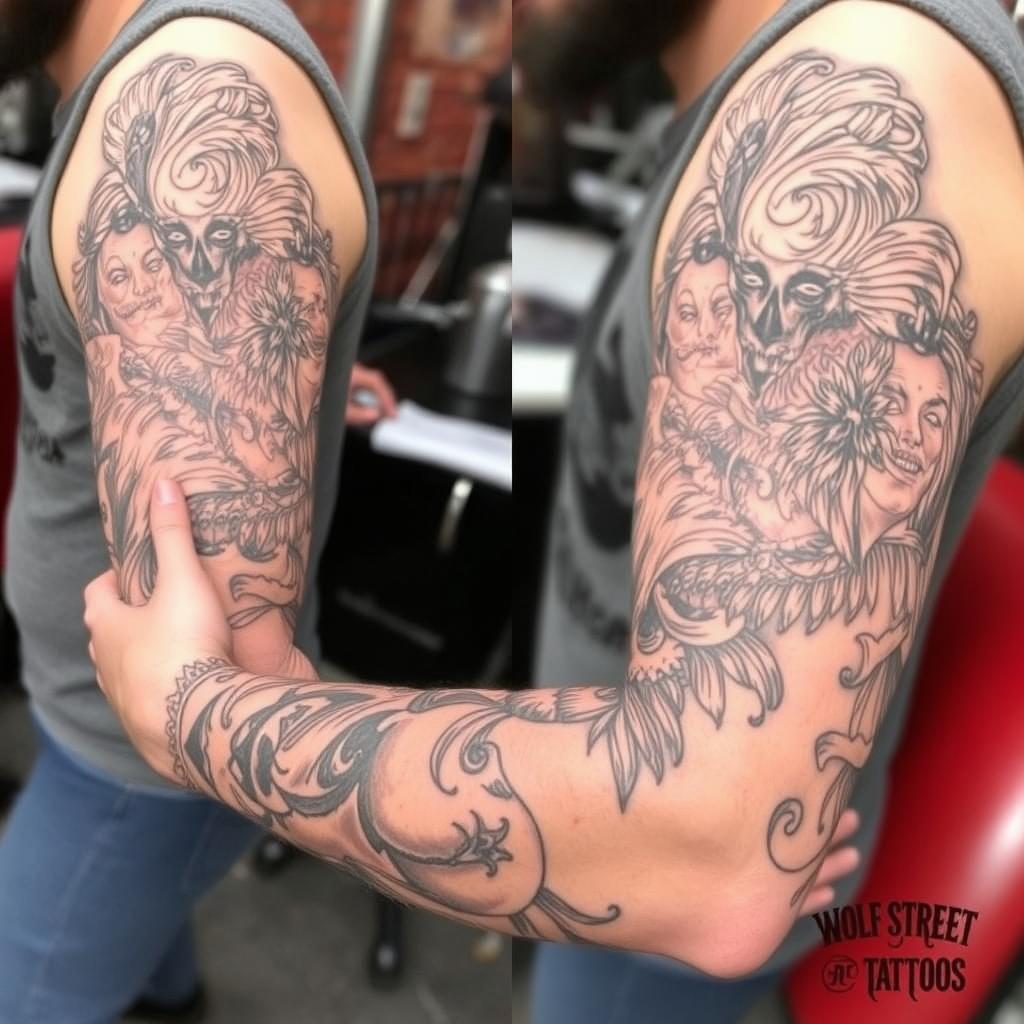 Kund med färdig sleeve-tatuering från Wolf Street Tattoos Kund med färdig sleeve-tatuering från Wolf Street Tattoos