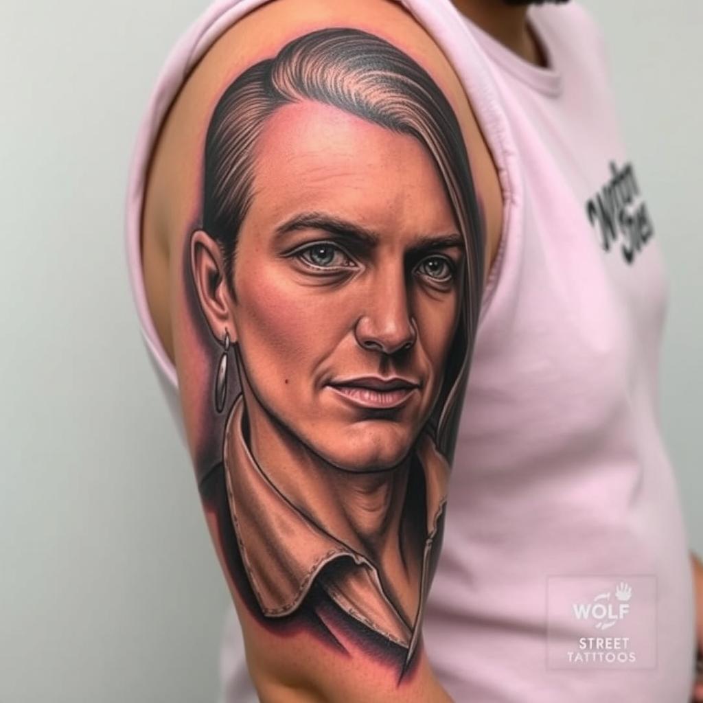 Kund visar upp realistisk porträtttatuering från Wolf Street Tattoos Kund visar upp realistisk porträtttatuering från Wolf Street Tattoos