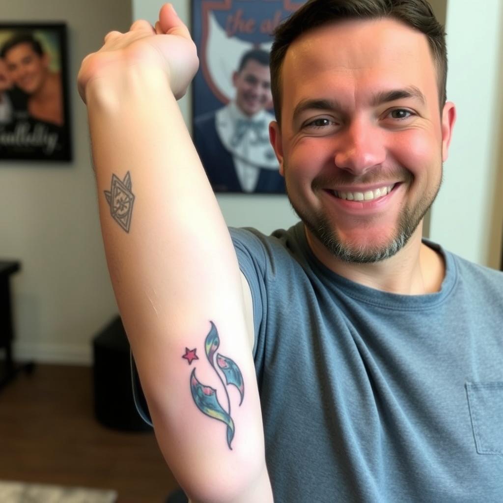 Nöjd kund visar upp sin tatuering från Göteborgs bästa tatueringsstudio Nöjd kund visar upp sin tatuering från Göteborgs bästa tatueringsstudio