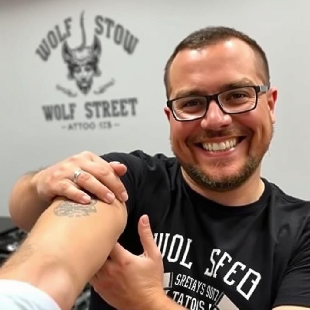 Nöjd kund visar upp sin tatuering från Wolf Street Tattoos Nöjd kund visar upp sin tatuering från Wolf Street Tattoos