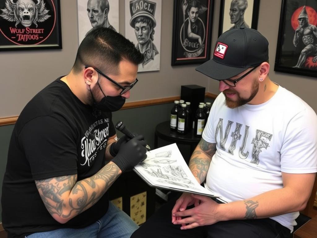 Tatuerare och kund diskuterar en drömtatuering-design under konsultation Tatuerare och kund diskuterar en drömtatuering-design under konsultation