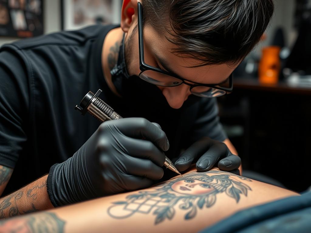 Tatuerare som arbetar på en kunds drömtatuering med fokus på detaljer Tatuerare som arbetar på en kunds drömtatuering med fokus på detaljer