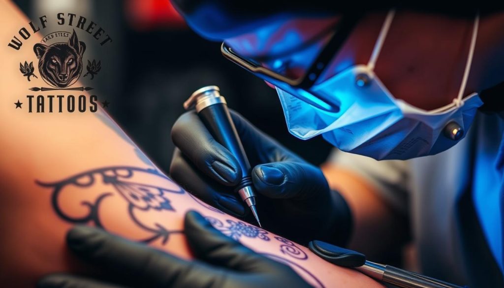 Wolf Street Tattoos tatuerare arbetar på en detaljerad tatuering i studion Wolf Street Tattoos tatuerare arbetar på en detaljerad tatuering i studion