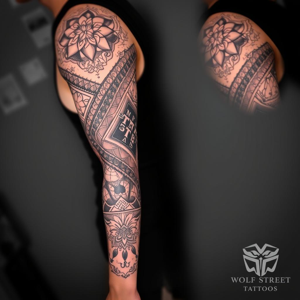 Detaljerad sleeve-tatuering skapad av Wolf Street Tattoos Detaljerad sleeve-tatuering skapad av Wolf Street Tattoos