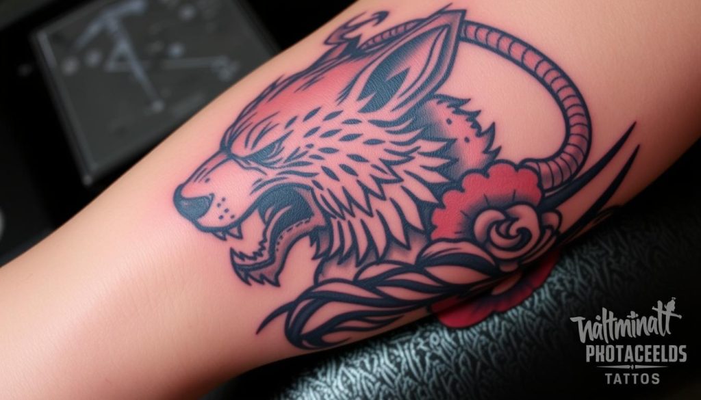 Färdig tatuering skapad av Wolf Street Tattoos som visar exceptionell kvalitet och konstnärskap