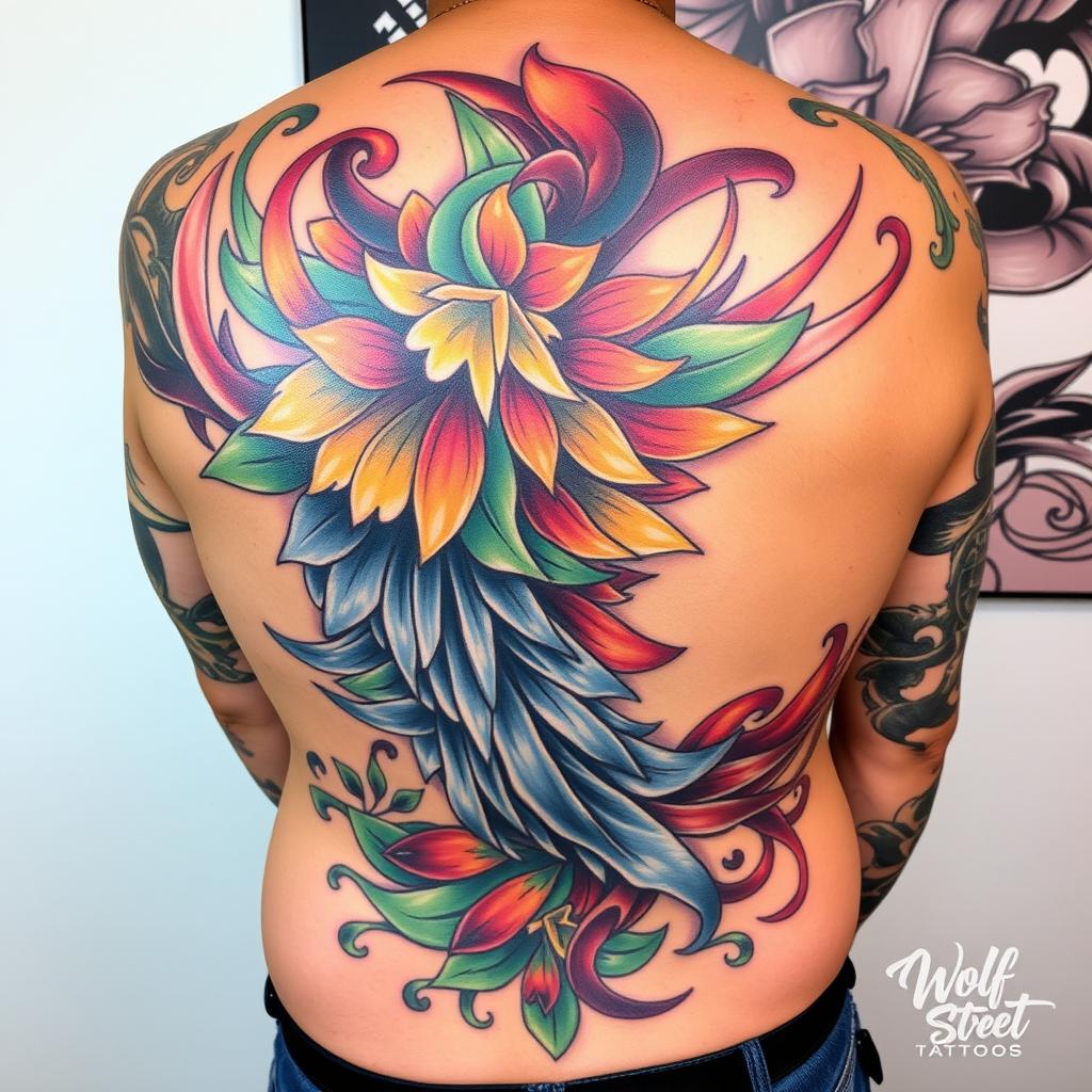 Färgglad ryggtatuering skapad av Wolf Street Tattoos Färgglad ryggtatuering skapad av Wolf Street Tattoos