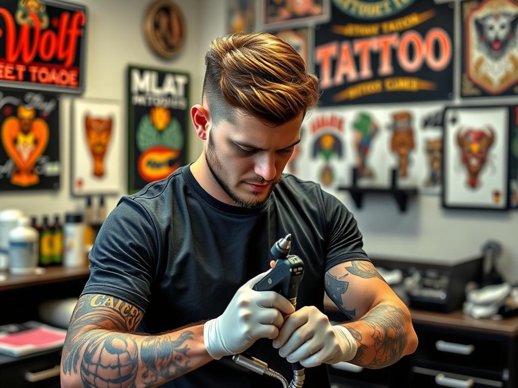 Marcus, tatueringsartist på Wolf Street Tattoos som specialiserar sig på färgglada tatueringar Marcus, tatueringsartist på Wolf Street Tattoos som specialiserar sig på färgglada tatueringar