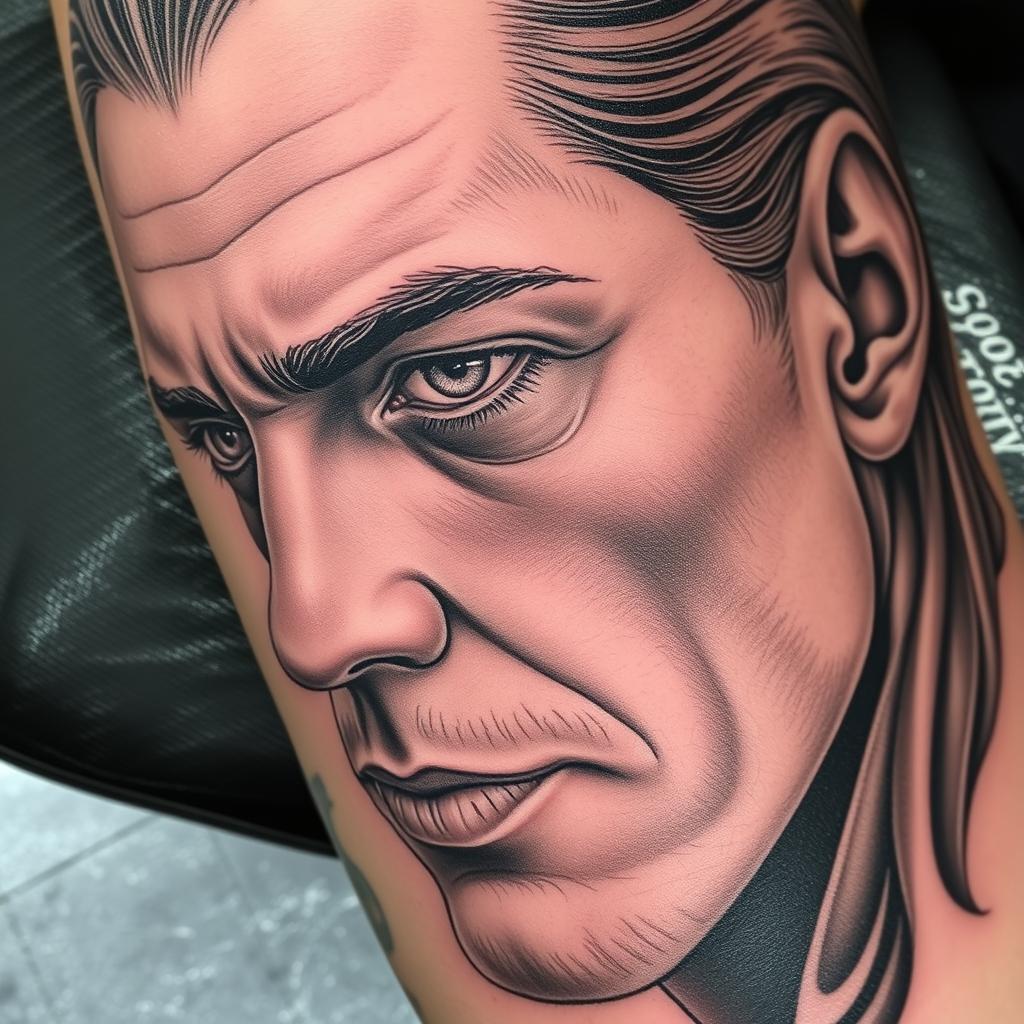 Realistisk porträtttatuering skapad av Wolf Street Tattoos artist Realistisk porträtttatuering skapad av Wolf Street Tattoos artist