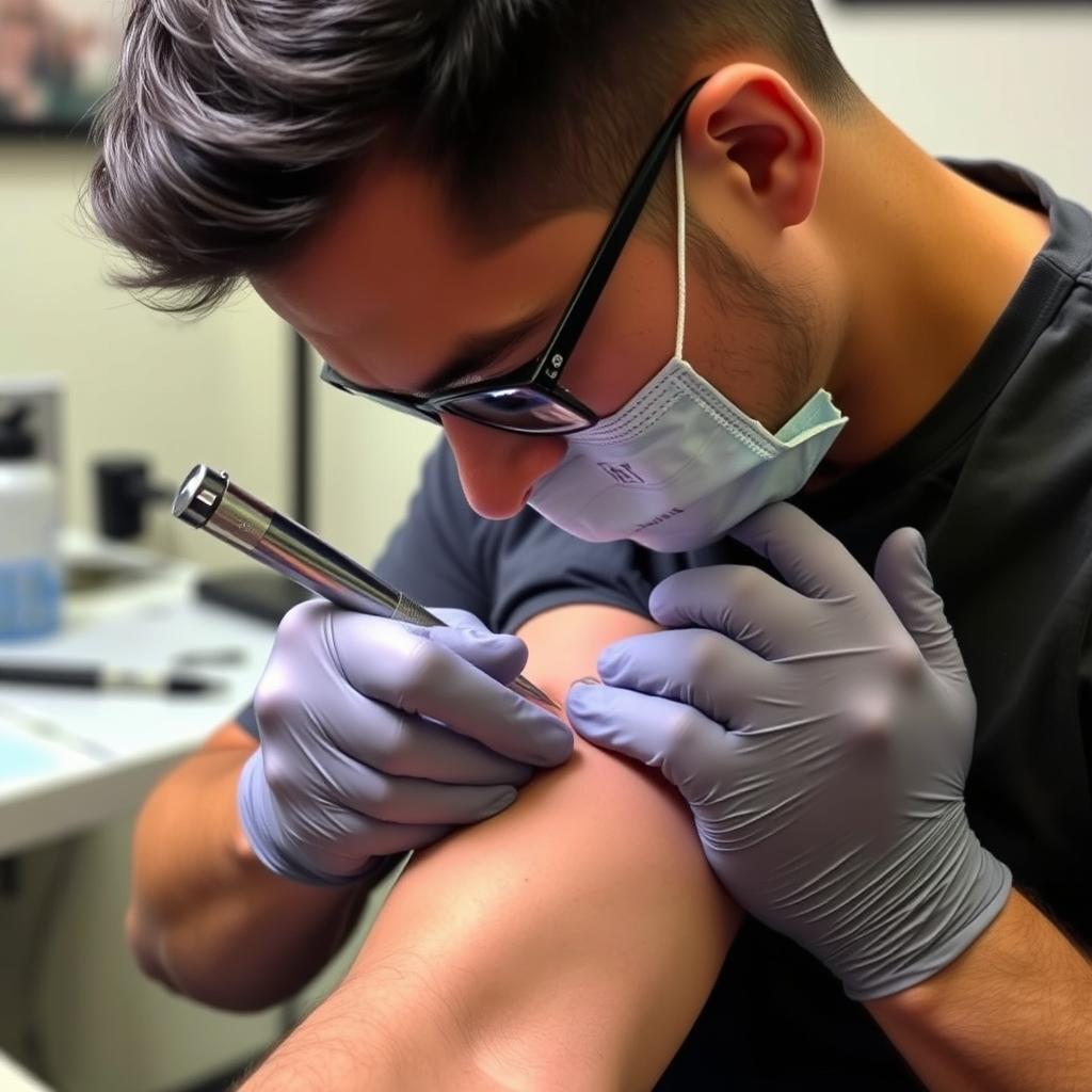 Tatuerare på Wolf Street Tattoos arbetar med en drop-in tatuering i Göteborg