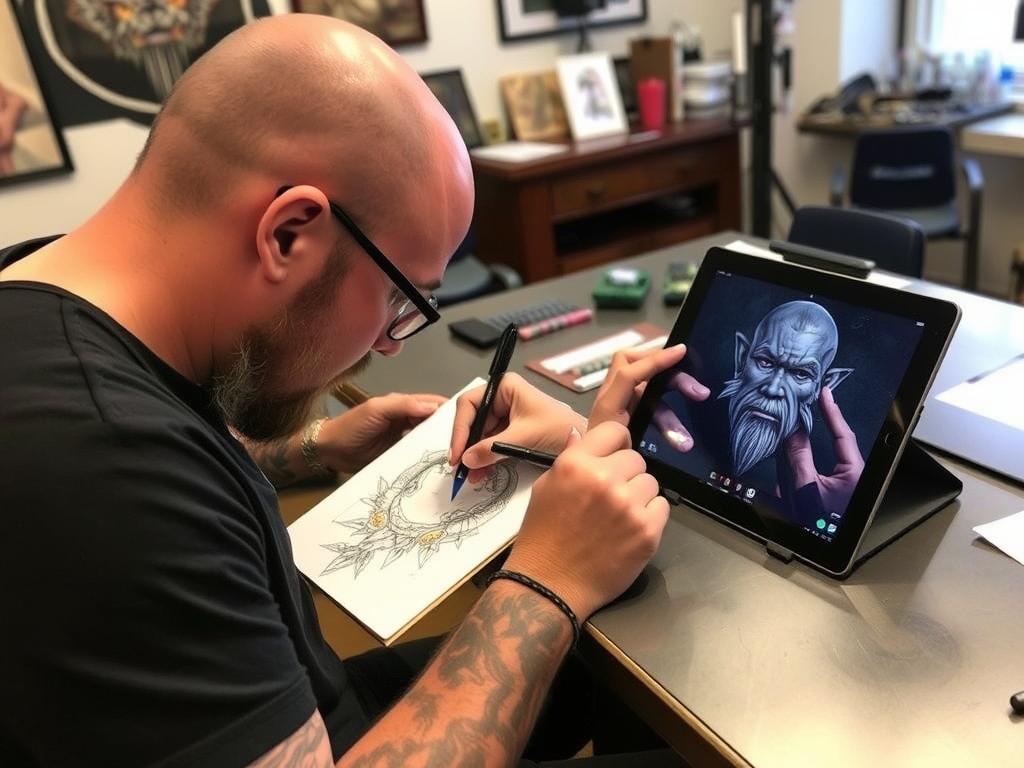 Tatuerare på Wolf Street Tattoos skapar design för drop-in tatuering