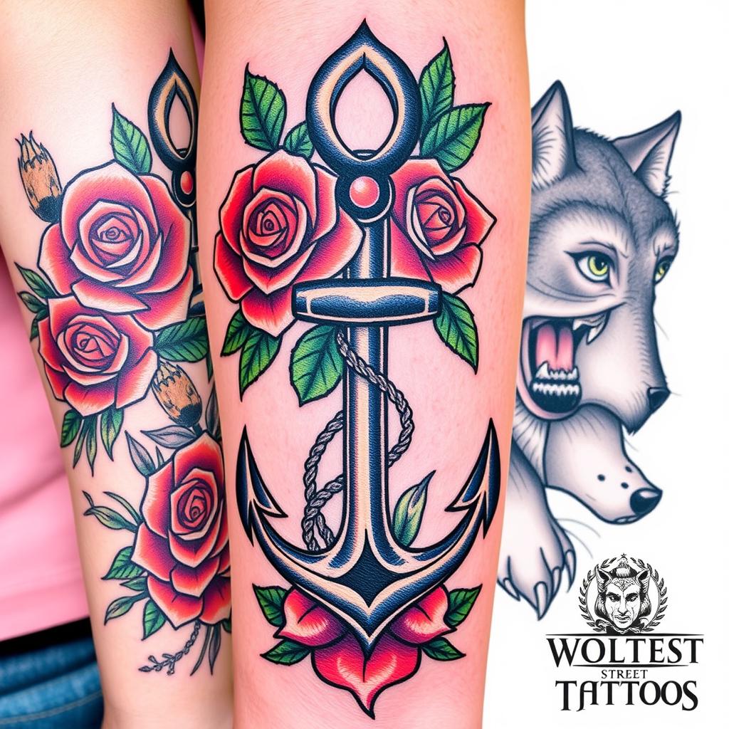 Traditionell tatueringsstil från Wolf Street Tattoos med djärva linjer och starka färger