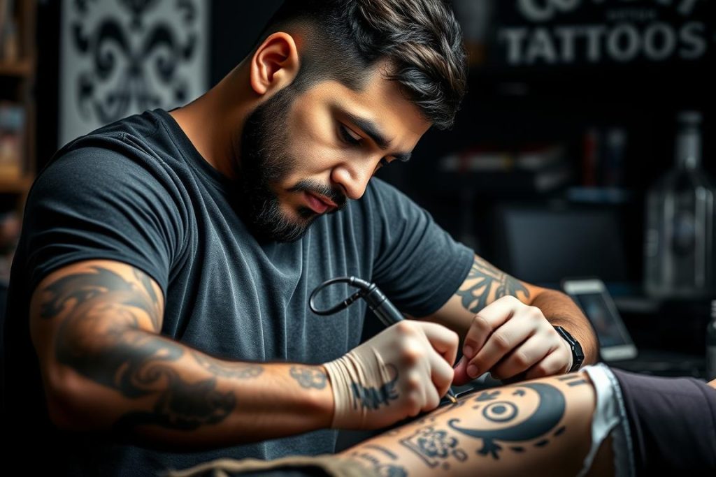 Wissam, grundare och tatueringsartist på Wolf Street Tattoos, arbetar på en tatuering