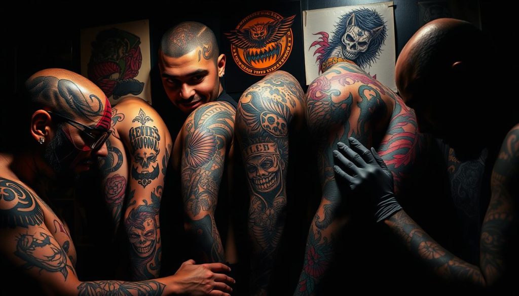A bold, dynamic showcase of diverse tattooing styles - from intricate line work and detailed portraiture to captivating lettering. Vibrant colors and textures bring each design to life, as skilled artists at Wolf Street Tattoos demonstrate their mastery of the craft. Dramatic lighting casts dramatic shadows, highlighting the depth and dimension of the tattoos. The scene is set against a moody backdrop, creating an immersive, atmospheric environment that celebrates the art of tattooing in all its creative glory.