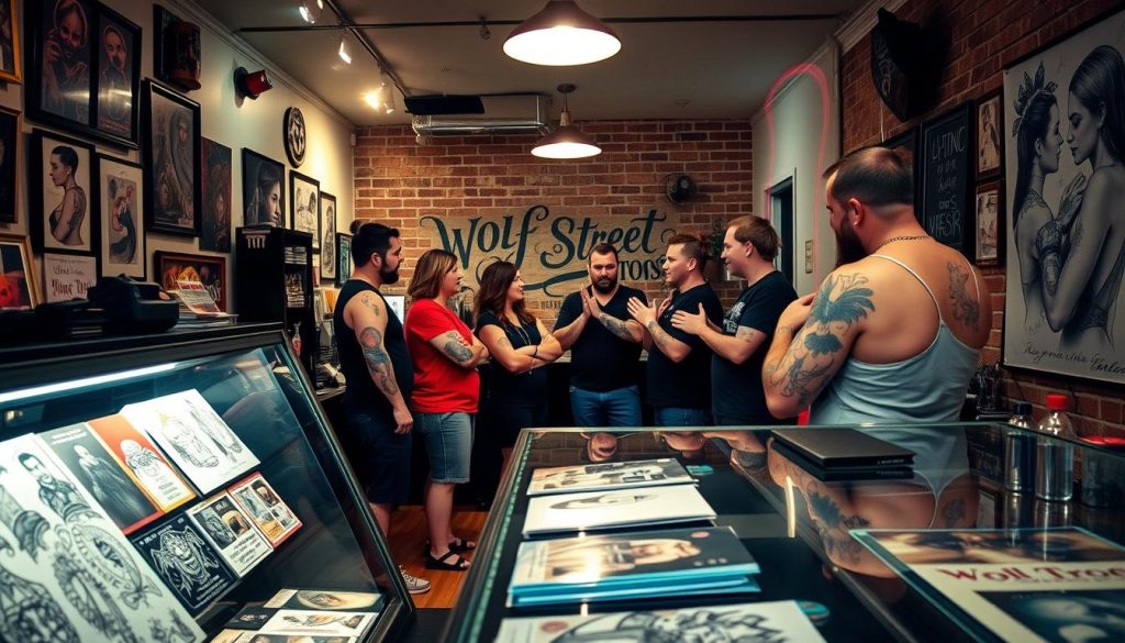 A cozy shop interior with vibrant lighting, showcasing the artistic talents of Wolf Street Tattoos. In the foreground, a glass display case presents an array of intricate tattoo designs and portfolios, inviting customers to explore the shop's offerings. In the middle ground, a group of individuals animatedly discuss their experiences, their tattooed arms and torsos visible as they gesticulate. The background features a warm, welcoming atmosphere, with exposed brick walls and the faint outline of a mural depicting the tattoo process. The overall scene conveys a sense of community, creativity, and the personalized nature of the tattoo experience at Wolf Street Tattoos.