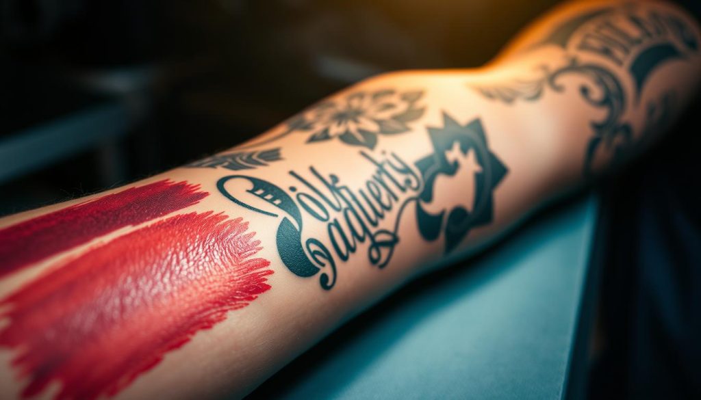 A detailed close-up of a Wolf Street Tattoos artist's arm, showcasing intricate and inspirational tattoo designs. The foreground features vibrant brushstrokes of color, representing the creative process and the artist's skilled handiwork. The middle ground displays a variety of tattoo styles, from bold lettering to delicate floral motifs, capturing the diverse range of work produced at Wolf Street Tattoos. The background is dimly lit, creating a moody, atmospheric setting that emphasizes the focus on the tattoo art. The lighting is soft and warm, highlighting the textural quality of the skin and the artistry of the designs. The camera angle is slightly elevated, giving the viewer a unique perspective on the tattooing process.