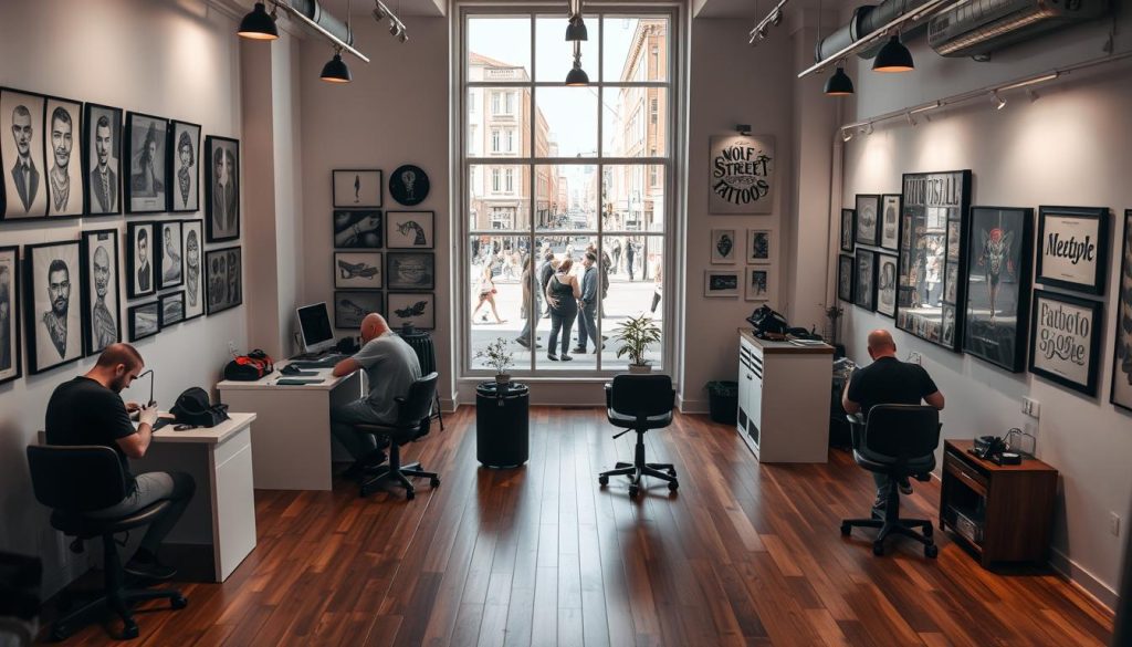 A spacious, well-lit tattoo gallery with wooden floors, white walls, and large windows overlooking a vibrant street scene. In the foreground, artists from Wolf Street Tattoos meticulously work on clients, capturing the delicate process of ink on skin. The middle ground showcases an array of custom tattoo designs, from intricate portraits to bold lettering, displayed on gallery walls. The background features a street view of Göteborg, with pedestrians and buildings bathed in warm, natural lighting, setting an inviting, artistic atmosphere. The overall scene conveys the passion and craftsmanship of the tattoo artistry found at Wolf Street Tattoos.