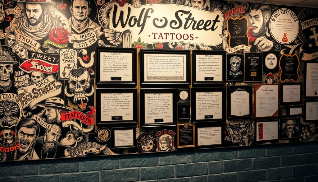 A vibrant mural showcasing the artistic mastery of Wolf Street Tattoos, capturing the essence of "Recensioner och Erhållna Utmärkelser". In the foreground, a collage of intricate tattoo designs ranging from bold portrait work to delicate lettering, each a testament to the studio's exceptional craftsmanship. The middle ground features a gallery of framed customer reviews, their expressions of awe and satisfaction palpable. The background subtly hints at the studio's accolades and awards, a visual representation of the trust and acclaim the establishment has earned within the Göteborg tattoo community. The lighting casts a warm, inviting glow, drawing the viewer's attention to the meticulous details that define the Wolf Street Tattoos experience.