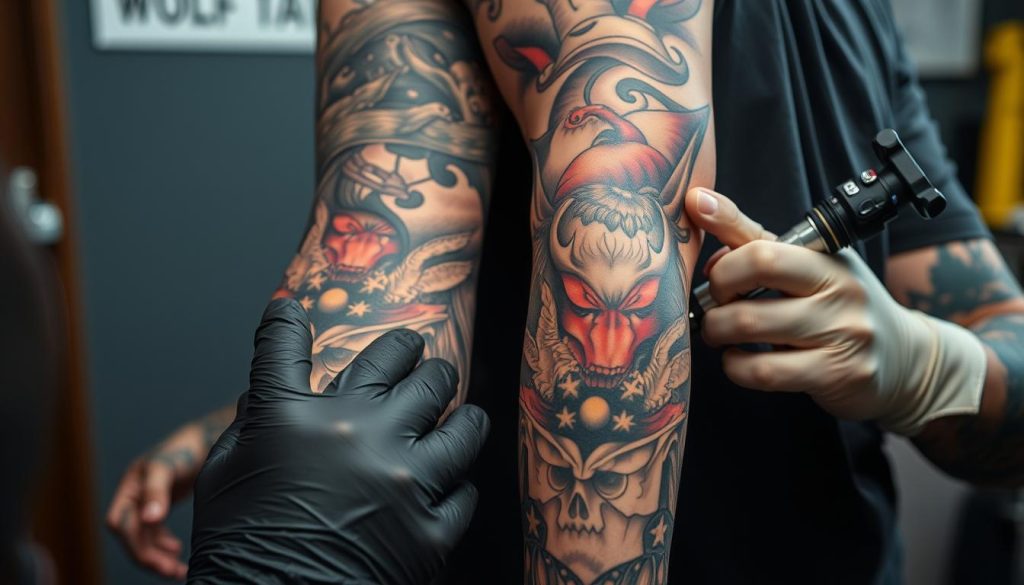 Detailed close-up of intricate arm tattoo designs from Wolf Street Tattoos in Gothenburg, Sweden. Showcase the skilled artistry of the tattoo artists, with a focus on linework, shading, and vivid color palettes. Capture the tattoo process in progress, with a steady hand and a sharp tattoo machine at work. Portray the tattoo artists in a professional, confident manner, highlighting their expertise and dedication to their craft. Convey the high-quality, bespoke nature of the tattoos from this renowned studio. Utilize natural lighting and a slightly angled perspective to showcase the tattoos in their best possible light.