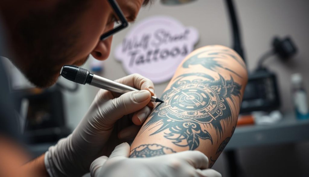 A detailed close-up of a tattooist's hand delicately applying a bold, intricate tattoo design on a person's forearm, captured with a shallow depth of field and soft, warm lighting that highlights the artistic process. The tattoo features a striking combination of dynamic line work, expressive brush strokes, and symbolic imagery that reflects the personality and interests of the client. In the background, the professional studio setting of Wolf Street Tattoos is visible, with clean, modern equipment and a calming, focused atmosphere.