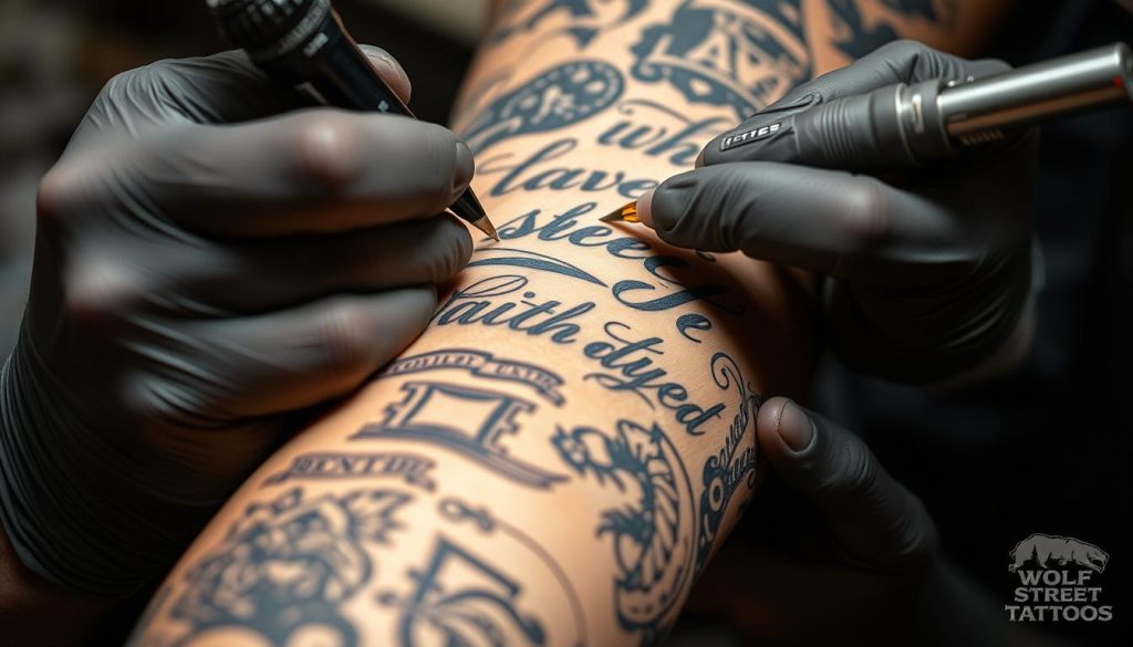 A detailed close-up of an arm featuring a variety of intricate tattoos in various styles - bold linework, delicate lettering, and expressive portraits. The tattoos are being carefully applied by a skilled artist from the renowned Wolf Street Tattoos studio, capturing the precise and focused process. The lighting is soft and natural, highlighting the texture of the skin and the vibrant colors of the ink. The overall composition emphasizes the artistry and personal expression embodied in the arm tattoos, conveying a sense of the wearer's unique personality and style.
