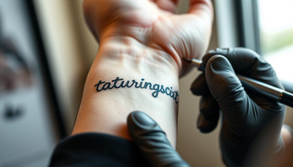 A detailed close-up portrait of a person's hand as they are getting a tattoo that reads "tatueringscitat" on their forearm. The tattoo is being inked by an artist at the Wolf Street Tattoos studio, with the artist's hand and tattooing equipment visible in the frame. The background is blurred, keeping the focus on the intricate tattoo and tattooing process. The lighting is soft and natural, casting subtle shadows that accentuate the textures of the skin and ink. The overall mood is one of concentrated attention and the artistic process of creating a meaningful tattoo.