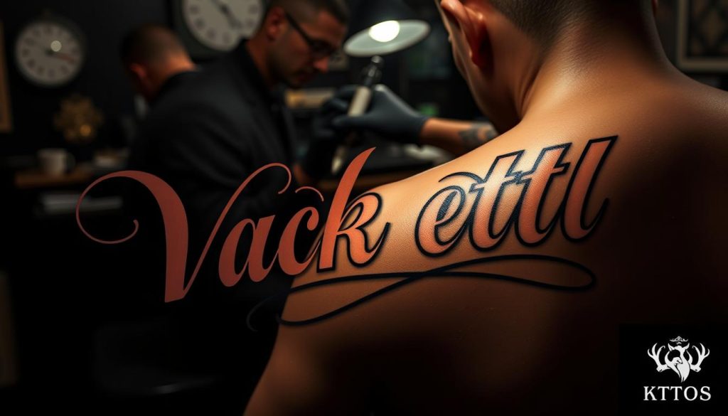 A detailed, high-quality image of "vacker text till tatuering" in the style of a Wolf Street Tattoos creation. Showcase a masterful tattoo lettering design with ornate, flowing script in the foreground, illuminated by soft, dramatic lighting. In the middle ground, depict the tattoo artist meticulously inking the design onto the model's skin, capturing the focus and artistry of the process. In the background, include elements that evoke the Wolf Street Tattoos studio - perhaps a glimpse of the workspace, tools of the trade, or a subtle Wolf Street Tattoos logo. Convey a sense of professionalism, craftsmanship, and the realization of a customer's unique vision.