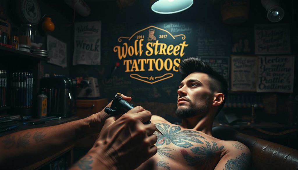 A grungy, moody studio filled with the tools and instruments of the tattoo artist's craft. Vibrant lettering and intricate line work dance across the skin of a model, captured in dramatic chiaroscuro lighting. The foreground showcases the artist's nimble hands, wielding the tattoo machine with precision, as the sitter gazes off-frame with a contemplative expression. In the background, the iconic "Wolf Street Tattoos" logo is prominently displayed, framed by a wall of sketches, designs, and inspirational typography. Textures of weathered leather, worn wood, and buzzing electric energy permeate the scene, evoking the authentic spirit of the tattoo parlor.