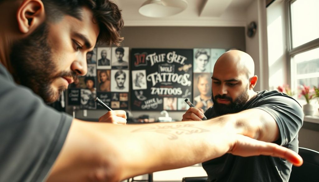 A premier tattoo studio flooded with soft, natural lighting. In the foreground, a skilled artist meticulously sketches a custom design on an outstretched arm. The client's face exudes a sense of anticipation, while the artist's brow is furrowed in concentration. In the middle ground, a display showcases a diverse portfolio of previous work - intricate portraits, bold lettering, and whimsical designs. The background reveals the Wolf Street Tattoos brand, a beacon of artistry and craftsmanship. The scene evokes a sense of professionalism, attention to detail, and the collaborative process of bringing a client's vision to life.