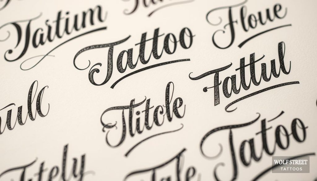 Detailed close-up shot of various intricate "tatueringstexter" or tattoo lettering designs, created with a delicate yet bold calligraphic style. The textures and strokes of the lettering should be crisp and high-resolution, showcasing the craftsmanship of a skilled tattoo artist. The designs should be displayed on a clean, neutral background that allows the intricate linework and typography to take center stage. Lighting should be soft and directional, highlighting the depth and dimensionality of the lettering. Include a subtle branding element for "Wolf Street Tattoos" to establish the context. The overall mood should convey a sense of artistry, professionalism, and the careful consideration that goes into selecting the perfect tattoo text.