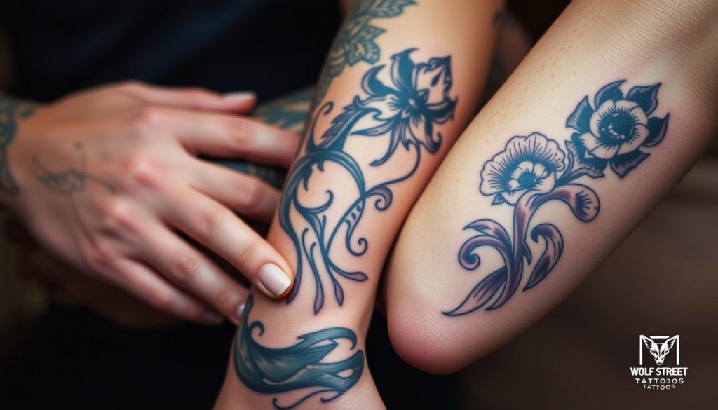 Two individuals with matching tattoos that complement each other's designs, showcasing the artistry and personalization of Wolf Street Tattoos. A close-up view capturing the intricate linework, shading, and vibrant colors of the tattoos that wrap around their arms, creating a harmonious and visually striking composition. The lighting is soft and diffused, highlighting the details and textures of the skin and ink. The background is slightly blurred, placing the focus on the beautifully crafted tattoos and the connection between the subjects.